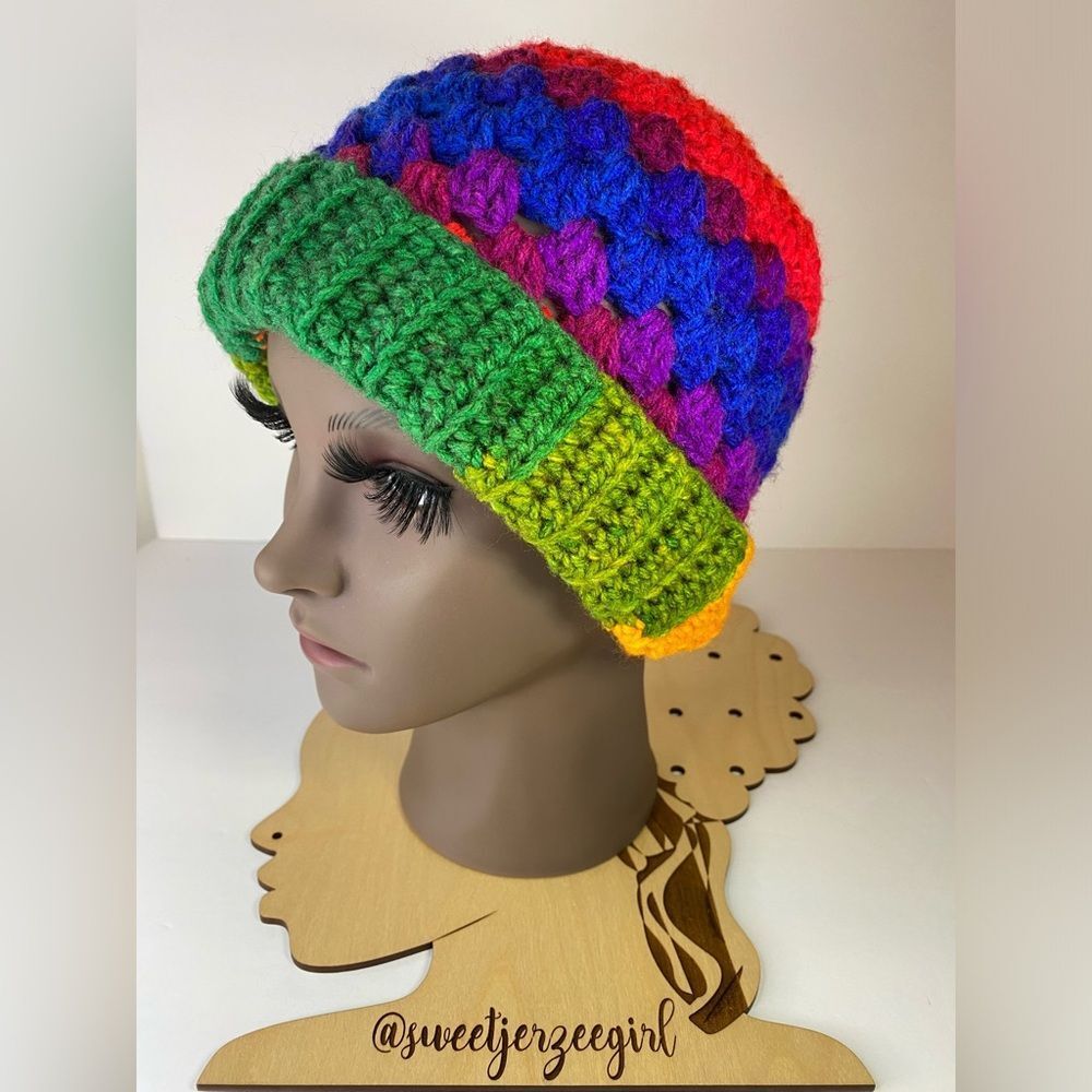 Favorite Rainbow stripe Handmade Crochet Acrylic Granny Stripe Stitch Beanie OS - Picture 1 of 10